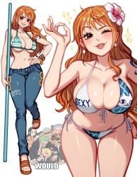 1girls background_characters big_breasts bikini bikini_top blushypixy blushyspicy breasts busty cleavage clima-tact curvy female female_focus flower flower_in_hair hothot_spicy jeans leaning_forward long_hair nami_(one_piece) ok_sign one_piece one_piece_film_gold orange_hair post-timeskip solo straw_hat_pirates tattoo voluptuous wide_hips wink