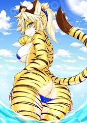 2018 4_fingers anthro ass barely_visible_genitalia bikini blonde_hair blue_eyes blue_sky blush breasts brown_stripes clothing feline female fur hair hi_res looking_at_viewer looking_back low-angle_view mammal megane_inu outside partially_submerged portrait pussy rear_view seaside sky solo string_bikini striped_fur stripes subtle_pussy swimsuit three-quarter_portrait tiger water wet zhang_fei_(fullbokko_heroes)