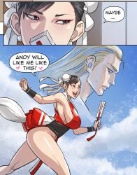 1boy andy_bogard ass blonde_hair blue_eyes blush breasts brown_eyes brown_hair bun_cover china_dress chinese_clothes chun-li cirenk clothing cosplay double_bun earrings english_language english_text fatal_fury female female folded_fan folding_fan hair_bun hand_fan heart holding holding_fan jewelry large_breasts mai_shiranui_(cosplay) male no_bra pelvic_curtain revealing_clothes sash sideboob smile snk straight street_fighter text thick_thighs thighs