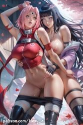 2girls ai_generated arm_up artist_name bangs bare_shoulders bike_shorts black_gloves black_hair blunt_bangs blush breast_grab breasts cherry_blossoms clothes_pull day fingerless_gloves fishnets forehead_protector futa_with_female gloves grabbing grabbing_from_behind hinata_hyuuga jacket klexyai large_breasts long_hair multiple_girls naruto naruto_(classic) naruto_(series) navel nipples open_mouth outdoors pants pants_pull patreon pink_hair pussy pussy_juice sakura_haruno shirt short_hair skindentation smile stomach thighhighs yuri
