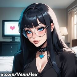 ai_generated bangs bed bedroom black_choker black_hair black_shirt blue_eyes blunt_bangs blush breasts choker cleavage collarbone curtains eyelashes eyeshadow female glasses goth goth_girl heart heart_choker hi_res high_resolution indoors jewelry lamp large_breasts lips long_hair looking_at_viewer makeup mascara parted_lips rosa_(vexnflex) round_eyewear shirt sidelocks smile solo upper_body vexnflex watermark window