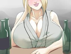 artist_request blonde_hair blush blushing_female bottle breasts cleavage drunk facing_viewer female female_focus hokage huge_breasts lipstick makeup mature mature_female mature_woman naruto naruto_(series) naruto_shippuuden sake sake_bottle seducing_viewer seductive_gaze seductive_smile smile smirk table tsunade tsunade_(naruto)