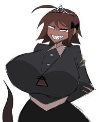 1female 1girls alice_(fundamental_paper_education) big_breasts breasts_bigger_than_head demon demon_girl female female_only fundamental_paper_education looking_up momiji_(artist) necklace ripped_clothing sharp_teeth simple_background smile smiling_at_viewer tentacle tiara white_background