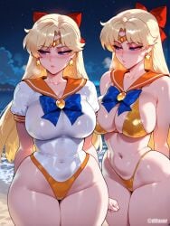 1girls ai_generated beach bikini bishoujo_senshi_sailor_moon blonde_hair blush breasts difuxer female female_focus female_only huge_breasts large_breasts light-skinned_female light_skin looking_at_viewer minako_aino navel night sailor_collar sailor_venus solo thick_thighs thighs wide_hips