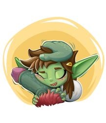 1boy 1girls female goblin goblin_female holding_balls honey_goblin hugging_penis male petting_head rubbing_penis_on_face sharp_teeth virtual_youtuber vtuber
