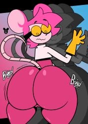 2025 4_fingers absurd_res anthro ass big_butt biped clothing english_text exclamation_point eyebrows eyewear female fingers genitals glasses gloves goommymuffin hair handwear hi_res looking_back luanctoons mammal motion_lines mouth_closed pink_butt pink_hair pussy rear_view rodent solo sound_effects standing tail text thick_thighs white_text wide_hips
