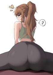 ? absurdres ass ass_focus black_pants blush brown_hair commentary crop_top eiyuu_densetsu english_commentary female green_eyes green_tank_top highres huge_ass kuro_no_kiseki_(series) looking_at_viewer looking_back neva_(dir4ct_c) pants ponytail spoken_question_mark sweat tank_top towa_herschel yoga yoga_mat yoga_pants