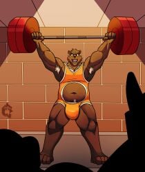 absurd_res anthro armpit_hair bear body_hair bulge chest_hair exercise hi_res male male_anthro mammal musclegut muscular muscular_anthro muscular_male thekinkybear weightlifting workout