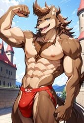 abs ai_generated biceps blue_eyes blush brown_hair flexing furry furry_male gay jockstrap jockstrap_only looking_at_viewer male male_only muscular muscular_male nipples nude_male pecs re:zero_kara_hajimeru_isekai_seikatsu ricardo_welkin smile toned_body toned_male twall97