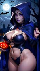 0assult0 1girls ai_generated babe bat beautiful beautiful_females belly_button building busty cloud curvy dark_blue_clothing dc_comics dead_tree delicious fantasy female_focus gorgeous halloween heroine large_breasts lipstick looking_at_viewer moonlight nail_polish night pale-skinned_female pose pumpkin purple_eyes purple_nails raven_(dc) realistic sexy sexy_clothing teen_titans thick_thighs voluptuous voluptuous_female