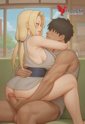 1boy 1girls 2d ai_female ai_generated ass big_ass big_breasts blonde_hair breasts dark_skinned_male erophoenix female female_focus full_body huge_breasts japanese_clothes male milf naruto naruto_(series) nude older_woman pale_skinned_female patreon_username penis ponytail sex smile straight sweat thick thick_thighs tsunade uncensored vaginal_penetration
