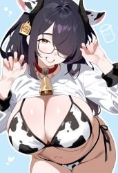 absurdres animal_ears animal_print bell bikini black_hair breasts cleavage cow_ears cow_girl cow_print cow_print_bikini cowbell demon_girl demon_horns eigun801 freckles glasses hair_over_one_eye highres horns indie_virtual_youtuber itou_life_(vtuber) large_breasts looking_at_viewer neck_bell open_mouth print_bikini semi-rimless_eyewear shrug_(clothing) solo swimsuit virtual_youtuber