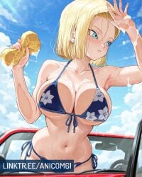 2025 ai_generated android18dx android_18 anicom61 anime belly blonde_eyebrows blonde_female blonde_girl blonde_hair_female blue_bikini blue_eyes car_wash dragon_ball dragon_ball_super dragon_ball_z female flower_bikini holding_sponge instagram looking_at_another manga meta not_porn pink_cheeks toei_animation tummy washing_car wet_bikini wet_body wet_skin white_earrings worried_for_other