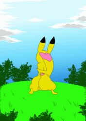 1girls alternate_color animated artybear ass back big_ass big_ears blue_background bubble_butt chubby cleft_tail clouds cosplay_pikachu dancing day female female_only feral fur furry furry_only grass huge_ass long_ears looking_away naked nintendo nude original_character outdoors pikachu pink_fur pokémon_(species) pokemon pussy raised_tail rear_view simple_background sky solo standing stripes tail thick_thighs twerking wide_hips