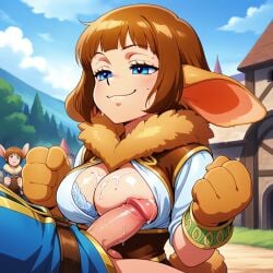 ai_generated animal_hands blue_eyes bra_peek brown_hair bunny_ears bunny_girl chrono_(series) chrono_cross cum_on_breasts janice_(chrono_cross) penis penis_to_breast smug