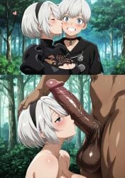 1girls 2boys ai_generated balls big_breasts big_penis blush female kissing_penis large_breasts light-skinned_female light_skin male male/female netorare nier:_automata ntr short_hair thick_thighs white_hair yorha_2b yorha_9s zadbhell