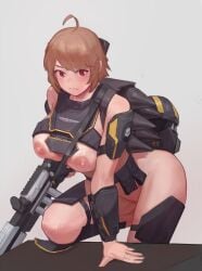 absurdres ahoge belt_pouch breasts brown_hair closed_mouth commentary_request commission female gun helldiver_(helldivers) helldivers_(series) helmet highres holding holding_gun holding_weapon korean_commentary large_breasts leaning_forward nipples pouch pussy quias red_eyes short_hair simple_background solo unworn_headwear unworn_helmet weapon white_background