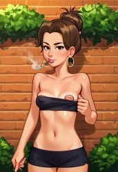 1girls 2025 2d 2d_(artwork) ai_generated areolae breasts brown_hair brown_hair cigarette cigarette_in_mouth civitai digital_drawing_(artwork) female female_focus female_only inverted_nipples kiwimike light-skinned_female light_skin medium_breasts missy_(summertime_saga) nipples outdoors outside perky_breasts perky_nipples petite petite_body shorts small_breasts summertime_saga tan-skinned_female tan_body tan_skin tanline tanlines tanned tease teasing teenage_girl teenager top_down