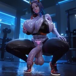 1futa 3d ai_generated big_balls big_breasts big_lips big_penis black_sclera breasts busty curvy demon futanari gym horns intersex navel precum quantrup solo solo_futa