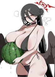 1girls ammak big_breasts bikini bikini_bottom bikini_top black_bikini black_hair blue_archive blush bottomwear breasts choker cleavage female female_only fruit hair hair_bun halo hasumi_(blue_archive) hasumi_(swimsuit)_(blue_archive) hips holding_fruit holding_object huge_breasts mole mole_under_eye neckwear red_eyes solo solo_female steam sweat sweatdrop swimwear thigh_strap thighs tied_hair topwear watermelon wings