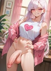ai_generated ballsack big_penis bottomless crop_top futanari hands_on_hips pink_eyes smug white_hair