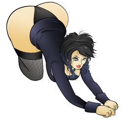 1girls ass big_ass bosco breasts female_only fishnets goth gothic green_eyes itsblackfriday looking_at_viewer multicolored_hair on_knees thick_thighs wide_hips youtube youtuber