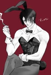alternate_costume bowtie bulge bunny_ears bunny_tail bunnysuit cigar crossdressing crossed_legs detached_collar gintama hair_over_one_eye male male_only male_playboy_bunny masculine_crossdresser monochrome muscular muscular_male one_eye_closed pantyhose red_background sitting smoking solo takasugi_shinsuke wrist_cuffs