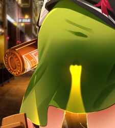 1girls ass ass_focus beer bocchi_the_rock! cleft_of_venus dress female female_only from_behind green_dress hi_res highres hiroi_kikuri khyleri light-skinned_female light_skin no_panties outdoors pussy see-through see-through_clothing standing thighs