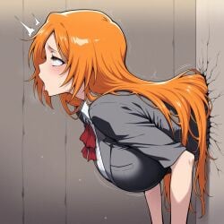 ahe_gao ahegao_face ai ai_generated bleach clothed_breasts female female_only girl gothmaniac inoue_orihime long_hair orange_hair stuck_in_wall