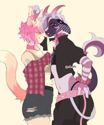 2girls absurd_res anthro arm_tattoo athletic athletic_female bottomwear bovid caprine clothing collar denim denim_clothing denim_shorts domestic_cat duo ear_piercing earrings felid feline feline female female/female fluffy_ears furry furry_female furry_only hair hi_res horn horns jacket jewelry long_tail makeup mammal navel piercing pink_hair pupils ring_piercing short_hair shorts smile smiling_at_another smiling_at_partner spiked_belt spiked_bracelet spiked_collar tattoo teasing topwear