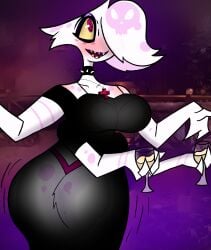 alcohol angel_dust angel_dust_(hazbin_hotel) anthro arachnid arthropod ass beverage big_breasts big_butt breasts clothed clothing digital_media_(artwork) drunk femboy fur hazbin_hotel hi_res madameeclipse male male/male simple_background solo spider substance_intoxication thick_thighs