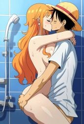 1boy 1boy1girl 1girls ai_generated ass_grab big_ass big_breasts black_hair closed_eyes clothed_male_nude_female couple curvy curvy_body curvy_female embrace female grabbing kissing liss long_hair male monkey_d_luffy nami_(one_piece) nude nude_female one_piece orange_hair passionate passionate_kiss romantic scar school school_bathroom school_uniform sex shower sideboob straw_hat sweat sweatdrop vaginal_penetration