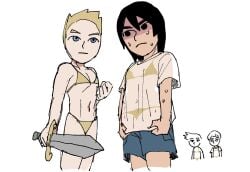 4boys bikini black_eyes black_hair blonde_hair blue_eyes clothing covering embarrassed gold_bikini golden_bikini golden_week looking_at_another looking_up male male_focus mii mii_brawler mii_brawler_(smash_4) mii_swordfighter multiple_boys navel nervous nintendo oshirimarsh see-through see-through_clothing shirt short_hair shorts super_smash_bros. super_smash_bros._ultimate sweat swimsuit sword t-shirt weapon wet yellow_bikini