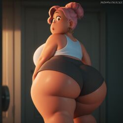 ai ai_assisted ai_generated ass ass_focus bbw brown_skin chubby_female curvy disney fat_ass female female_only from_behind huge_breasts huge_butt jayren looking_at_viewer looking_back mature mature_female milf obese overweight overweight_female pixar shorts solo surprised surprised_expression tank_top thick_thighs vanessa_rodriguez win_or_lose_(pixar)