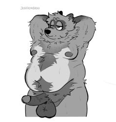 2025 animal_crossing anthro balls belly big_balls big_belly canid canine erection genitals hi_res jessiborowski11 male mammal moobs nintendo nipples one_eye_closed overweight overweight_male penis raccoon_dog simple_background solo tanuki tom_nook_(animal_crossing)