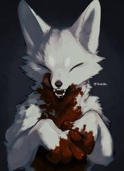 4_fingers blood bodily_fluids canid canine canis closed_eyes detailed detailed_fur fangs feral fingers front_view fur gore hi_res looking_pleasured mammal signature simple_background solo stained_fur sue36v teeth tongue tongue_out white_body white_fur wolf