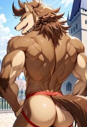 ai_generated ass back biceps blue_eyes blush brown_hair furry furry_male gay jockstrap jockstrap_only looking_at_viewer looking_back male male_only muscular muscular_male nude_male re:zero_kara_hajimeru_isekai_seikatsu ricardo_welkin smile toned_body toned_male twall97