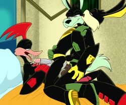 ace_bunny anal anal_sex anthro avian balls beak bird bodily_fluids canid canine canis coyote cuculiform cum cum_inside cum_on_beak cum_on_uniform genital_fluids genitals group group_sex hand_on_belly hand_on_shoulder hi_res inflation inflation lagomorph leporid lonbluewolf loonatics_unleashed looney_tunes male male/male mammal new_world_ground_cuckoo orgasm_face penetration penis rabbit rev_runner roadrunner sex tech_e._coyote threesome trio warner_brothers