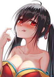 ahoge azur_lane bangs bare_shoulders black_hair blush breasts cleavage collarbone cum cum_in_mouth cum_string dress eyebrows_visible_through_hair female hair_between_eyes japanese_clothes large_breasts licking_lips long_hair looking_at_viewer red_eyes satomi_(745684552) simple_background smile solo taihou_(azur_lane) tongue tongue_out twintails upper_body very_long_hair white_background