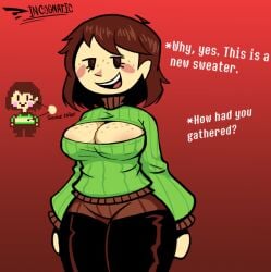 1girl aged_up blush boob_window boobwindow_sweater breasts chara chara_(undertale) digital_media_(artwork) eyelashes female freckles freckles_on_breasts freckles_on_face green_sweater incognatic light_skin pale_skin red_background sweater tagme undertale undertale_(series)