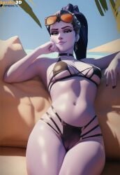 3d ai_generated bikini bikini_bottom bikini_top black_nails cameltoe choker female looking_at_viewer lyraka3d overwatch overwatch_2 ponytail purple_hair purple_skin sexy sexy_body sexy_pose smug smug_face smug_grin sunglasses sunglasses_on_head widowmaker yellow_eyes