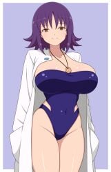 bare_legs bare_thighs belly_button_visible_through_clothing blue_one-piece_swimsuit breasts brown_eyes cleavage closed_mouth collarbone highleg_swimsuit huge_breasts ichiryuu_tsumiki jacket mature_female medium_hair necklace one-piece_swimsuit open_jacket philena_ivy pokemon purple_hair shiny_skin smile swimsuit thick_thighs thighs