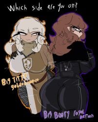 2024 2girls aschazm ass belt big_ass big_booty big_breasts black_background black_belt black_cape black_coat black_gloves black_pants black_sleeves blonde_hair breasts brown_belt brown_hair cape chainmail chainmail_coif clothed clothed_female clothing coat colored_sketch doodle english_text eyewear female female_only fully_clothed fully_clothed_female gambeson gloves golden_empire_(grave/digger) grave/digger hand_on_hip hand_on_own_breast light-skinned_female light_skin long_hair long_sleeves looking_back military_uniform motion_lines outline purple_eyes roblox roblox_game robloxian royal_nation_(grave/digger) scarf simple_background sketch sleeves smug smug_face soldat_(grave/digger) solid_color_background standing sunglasses surcoat text thick_thighs thighs webbing white_clothing yellow_clothing yellow_eyes yellow_scarf yellow_sleeves