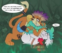 anthro belt bracelet dialogue duo excited_expression fan_character feet female feral foot_fetish foot_focus forest forest_background generation_4_pokemon genesis_(fiver) genitals ghost_(sparkylightvee) grapple grappling hand_holding hi_res jewelry legendary_pokemon male male/female map nature nature_background nintendo paw_on_mouth paws plant pokemon pokemon_(species) pokemon_mystery_dungeon pussy scared_expression scared_face sharp_teeth shaymin sky_forme_shaymin spike_chunsoft spiked_bracelet spikes stepping_on_face teeth threatening threatening_words tree wax_feather worried worried_look wrestling