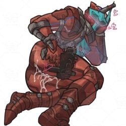 1_horn 1boy armor armored_male ass ass_focus blood_stalk blush blush blush_lines blushing_through_mask bodily_fluids bodysuit cum cum_on_ass cum_through cum_through_bodysuit cum_through_clothing evolt evolto french_girl_pose hand_on_own_face heart heart heart_symbol helmet horn kamen_rider kamen_rider_build_(series) leaning_on_elbow male male_focus male_only mask masked masked_male mmmaao on_ground pixiv_id presenting presenting_ass red_armor side_view simple_background solo watermark