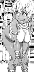1boy 1girls armlet ass ass_up bent_over bikini blush bracelet breasts clothing dark-skinned_female dark_skin earrings elena_(street_fighter) female footwear gamer hands_on_own_knees hat headwear ireading62 jewelry large_breasts leaning_forward looking_back male neck_ring open_mouth pointy_ears runny_nose sandals short_hair smile street_fighter swimsuit taller_girl teasing teenager