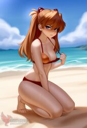 1girls 2d ai_generated areolae ass asuka_langley_sohryu back bare_shoulders beach big_ass bikini bikini_pull bikini_top blue_eyes day erophoenix female female_focus full_body long_hair looking_at_viewer neon_genesis_evangelion ocean orange_hair outdoors pale_skin pale_skinned_female patreon_username red_bikini sky small_breasts solo swimsuit thick thick_thighs uncensored