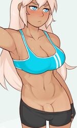 1futa abs blue_eyes blush breasts bulge cleavage cody_(dross) dark-skinned_futanari dark_skin dick_root dross edit fingerless_gloves flaccid_penis frown futa_only futanari gym_clothes intersex large_breasts long_hair midriff navel original penis penis_peek pink_hair rule_63 shaved_crotch smooth_penis solo solo_futa sports_bra toned