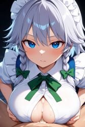ai_generated blue_eyes bratkudm cum female glaring maid maid_uniform paizuri sakuya_izayoi silver_hair touhou