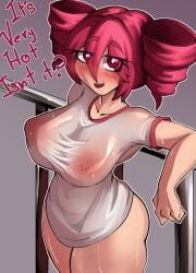 1girls ass belly big_ass big_breasts blush blushing bottomless breasts breasts_visible_through_clothing curvy curvy_female curvy_figure english_text female female_only g-string grey_background hatus hourglass_figure huge_ass huge_breasts huge_thighs kasane_teto large_ass large_breasts leaning_on_object looking_at_viewer navel navel_visible_through_clothes nipple_bulge nipples nipples_visible_through_clothing no_bra panties panties_visible_through_clothing red_eyes red_hair solo solo_female sweat sweating sweaty_body talking_to_viewer text thick_thighs thighs thong twin_drills twintails utau wide_hips